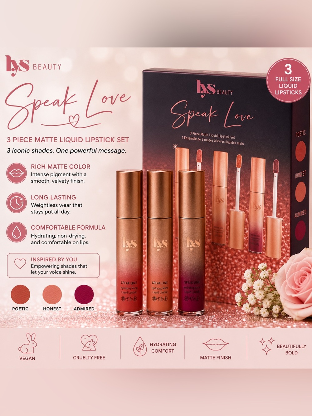 LYS Beauty Speak Love 3-Piece Hydrating Matte Liquid Lipstick Set NIB